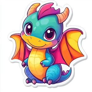 Design a cute, cartoon-style dragon sticker graphic featuring vibrant colors and a pristine white background, suitable for printing or digital use.