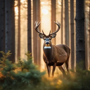 A deer standing in a clearing, surrounded by tall pines, with soft sunlight filtering through the branches.