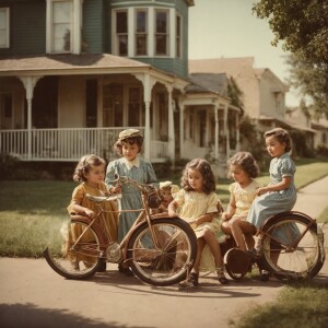 Group of young children happily playing together on a suburban s...