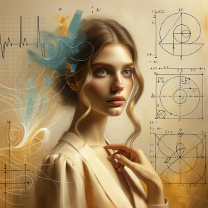 Abstract, minimalist, art cardiogram, charts complex, mathematical formulas, spontaneous lines, and paint marks, paint in hair, golden ratio