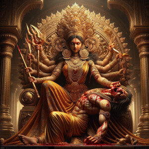 portrait of angry looking goddess durga sitting on a gold crown and carrying a weak mahishasur on her lap and stabbing him with her amazingly long fingernails. She is wearing gold armor, a huge gold crown, gold saree, abundant  gold jewelry, covered in blood. The scene is set in ancient India. The image is 8K resolution, photography, cinematic, ultra detailed face and epic