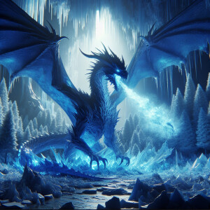 Blue  color  menacing Dragon in a magical ice forest, with a win...