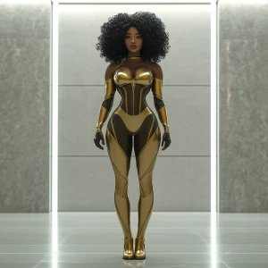 Capture a wide camera angle of a superheroine standing in an emp...