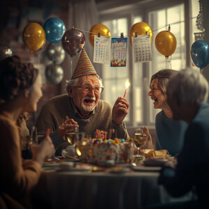 65 year old celebrating their birthday with friends, hanging in...