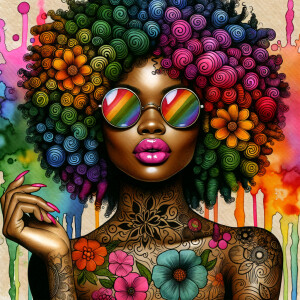 African American woman tan skin tone with wavy rainbow Afro coil...