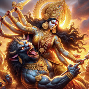 photograph of extremely angry goddess durga slaying mahishasur by carrying him like a baby and stabbing him with her fingernails. she should wear Gold jewelry all over the body. she is angry. sunset in the background. Epic scene. 4k, HDR.