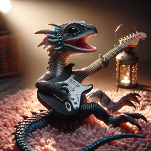 A baby dragon playing the electric guitar on a pink shag carpet.