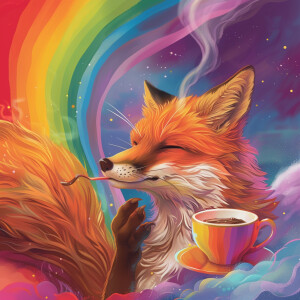 A whimsical image of a fox sipping coffee against a colorful rai...
