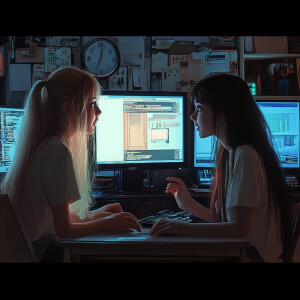 two girl talking in computer room