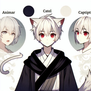 A anime cat girl with short white hair and red eyes