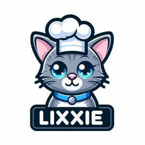 A gray kitten with blue eyes with a chef hat on its head wearing...