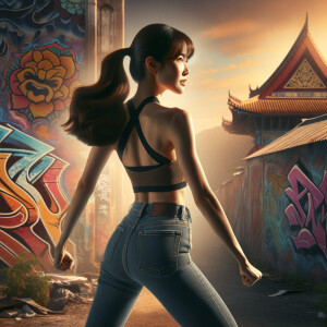 Athletic Thin skinny Attractive, Asian teenage girl, long brown hair and bangs, wearing tight skinny jeans and a halter top paint marks on her clothing, heroic pose Asian graffiti background,  backside view