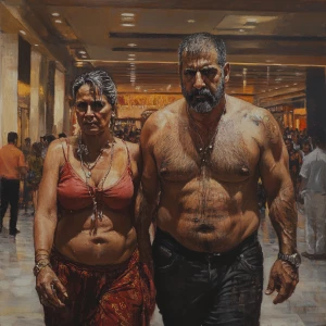 Hyperrealistic painting 1:1,A sweaty beefy man walking with his...