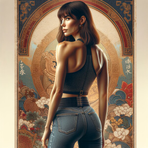 Athletic Thin skinny Attractive, Asian teenage girl, long brown hair and bangs, wearing tight skinny jeans and a halter top paint marks on her clothing, heroic pose Asian graffiti background,  backside view