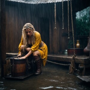 A drenched Wench clothes torn, squatting,  chained to a feeding...