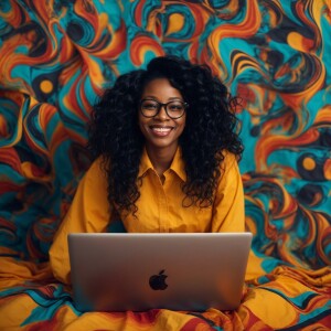 black women with lone black wavy hair wearing glasses, bright sm...