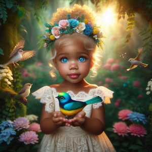 A magical scene featuring a light-skinned African-American toddl...