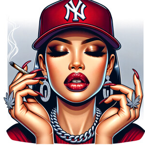 light skin Latina  American woman head down wearing red NY baseb...