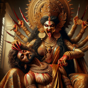portrait of angry looking goddess durga sitting on a gold crown...
