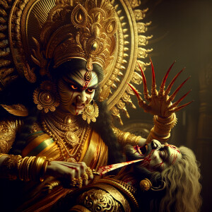 portrait of angry looking goddess durga sitting on a gold crown...