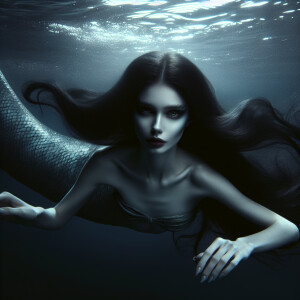 A mermaid with pale skin and cold eyes. Long dark hair. Floating...