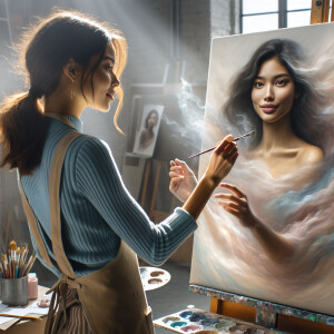 Create an image of  young woman emerging from a life-size art ca...