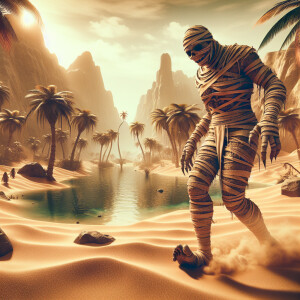 3D, hdr, realistic Egyptian mummy troll walking in a beautiful d...