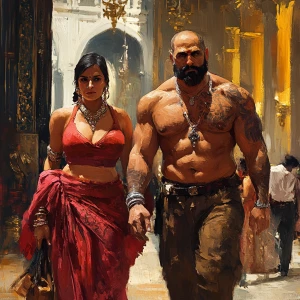 Fantasy painting.A sweaty beefy man walking with his 54 year old...