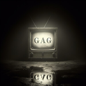 Eerie scene of a tube tv with the word “GAG” on the screen