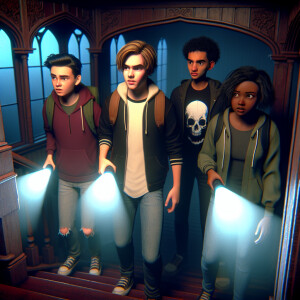 Four teenagers entered a dark gloomy house, their flashlights fl...