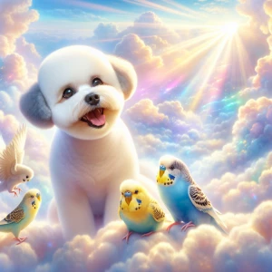 A bichon Frise with a short hair cut playing with 2 budgies in h...