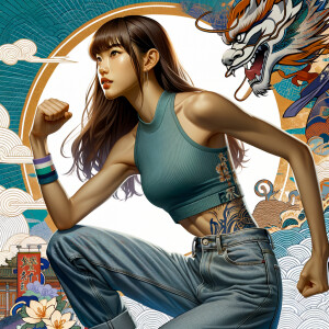 Very thin Athletic Thin skinny Attractive, Asian teenage girl, long brown hair and bangs, wearing tight skinny jeans and a halter top paint marks on her clothing, sitting side view heroic pose Asian graffiti