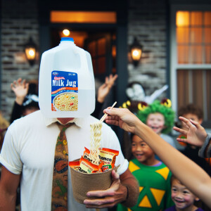 A man wearing a milk jug as a holloween mask his handing out pac...