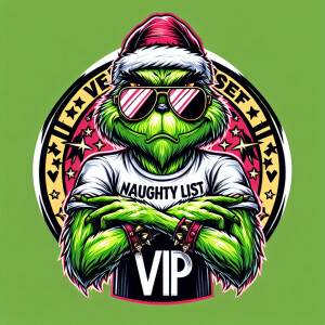 A character inspired by the Grinch with crossed arms, wearing av...