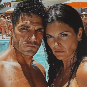 Hyperrealistic painting, a muscular, perspiring man alongside hi...