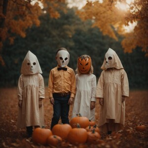 Family three boys two girls mom and dad with ghost mask