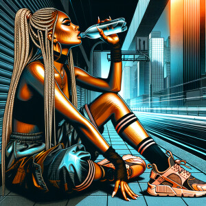 Street art style tan skin tone woman sitting on the sidewalk dri...