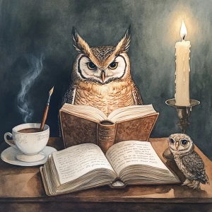 Owl reading a book by the light of a candle with a stack of old antique books next to him on a table. A quil pen is in an ink pot on the table. a cup of coffee is next to him on the table as well as an owlet looking up at him. Watercolor with pencil outlines. Focus on the owls.