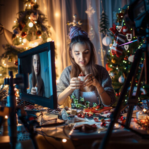 Photorealistic image. Woman making YouTube video of herself, mak...