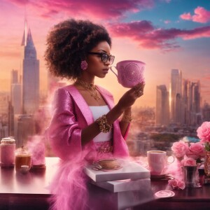 Create an image of a luxurious morning scene with a pink sunrise...