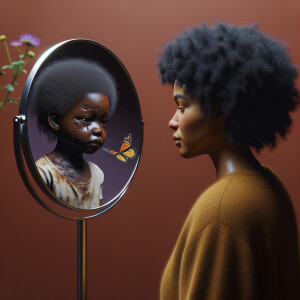 Create a 3-D realistic, adult african-American, female 
Did curly black hair, dark skin, looking at herself in a mirror, but the child that she sees in the reflection is dirty and crying and has scars, and there is a fallen butterfly