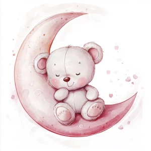 A cute, cartoon teddybear sits on a stylized, rosy-pink crescent moon. The teaddy bear is light gray with large, round, pink-spotted ears.  Its body is round and he has expressive eyes.  its facial expression is happy and friendly. The teddy bears legs and feet are visible, and its posture is relaxed, sitting, slumped into the moon. The moon is a soft, shaded pink, with watercolor-like texture and subtle shading. The background is white. The image is in a child-friendly style, showcasing delicate line work and color palettes. The composition is centered on the teddy bear which is positioned on the moon, giving the moon a hug with closed eyes. The overall style is sweet, whimsical, and reminiscent of children's book illustrations.  The colors are pastel and soothing, creating a gentle atmosphere.