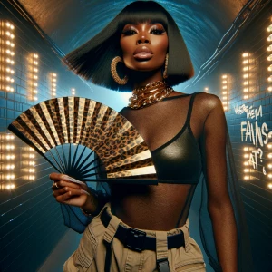 3D glam LED-style African American woman with blunt bob and leop...