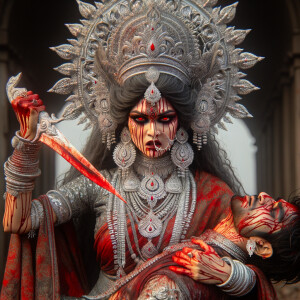 portrait of angry looking, gorgeous goddess durga cosplayer carrying a weak mahishasur in her two arms and stabbing him with her amazingly designed trident. She is wearing a huge silver crown, red saree, abundant silver jewelry, covered in blood. The scene is set in ancient India. The image is 8K resolution, cinematic, ultra detailed face and epic.