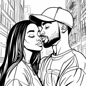 Create a pop art style coloring book page featuring a modern car...