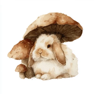 Peaceful fluffy rabbit under cozy mushroom, gentle watercolor, e...
