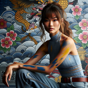 Very thin Athletic Thin skinny Attractive, Asian teenage girl, long brown hair and bangs, wearing tight skinny jeans and a halter top paint marks on her clothing, sitting side view heroic pose Asian graffiti