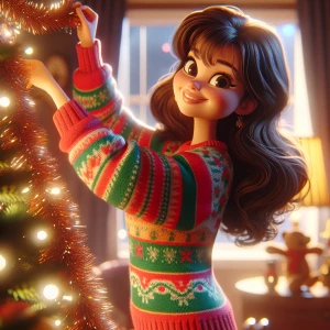 Caucasian brunette Woman in Christmas sweater hanging tinsel on...