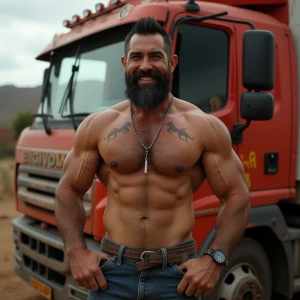 Create an image of a mud muscular, hairy trucker who is confiden...