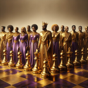 3-D realistic oil, painting, Oh a gold, and purple human chessbo...